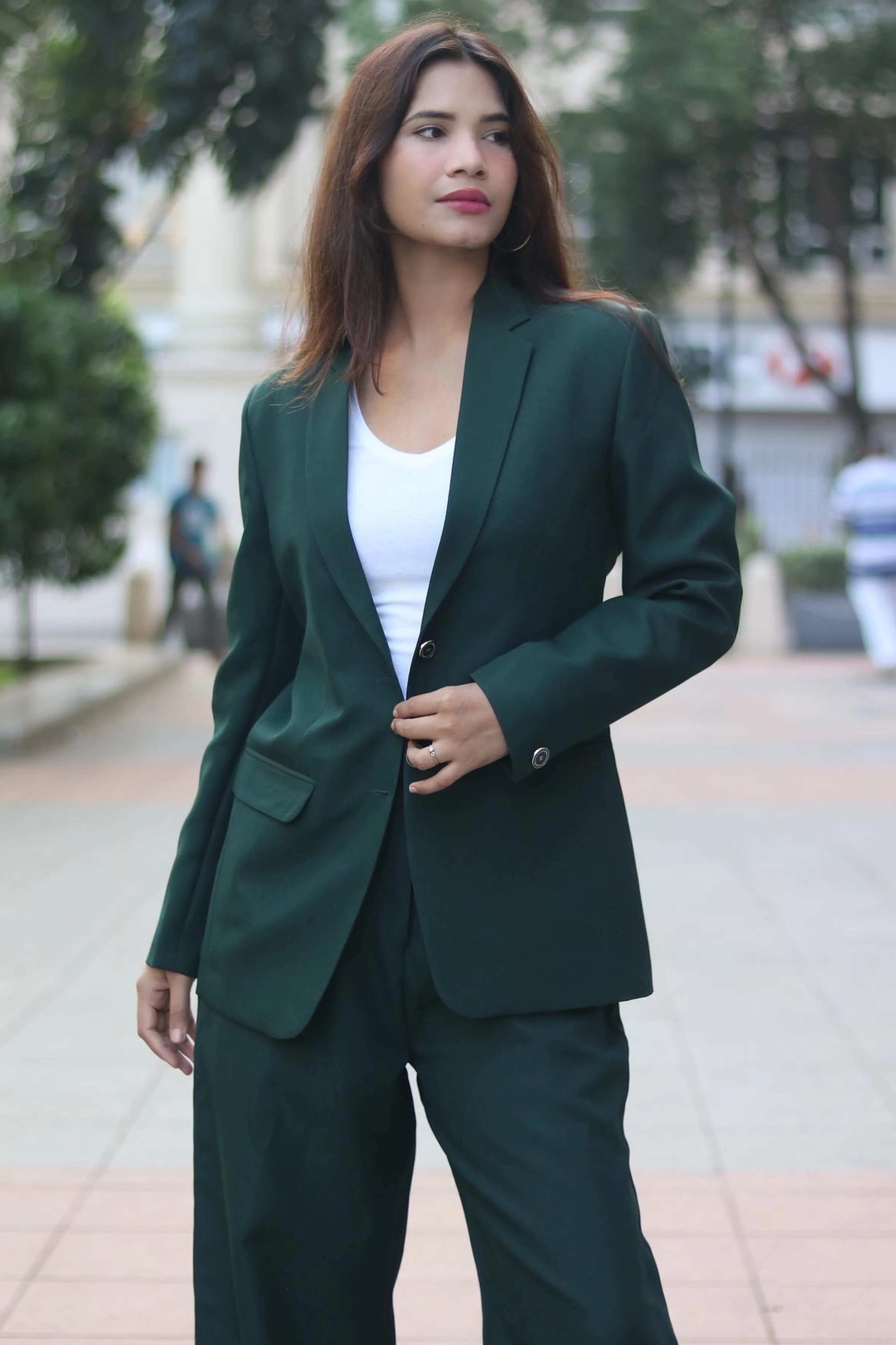 Relaxed Fit Wide Leg Trouser and Blazer Women's Pant Suit Set - Emerald Green