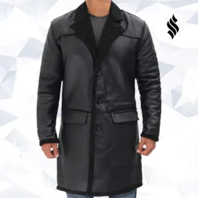 Rockville Mens Black Winter Shearling Leather Trench Coat