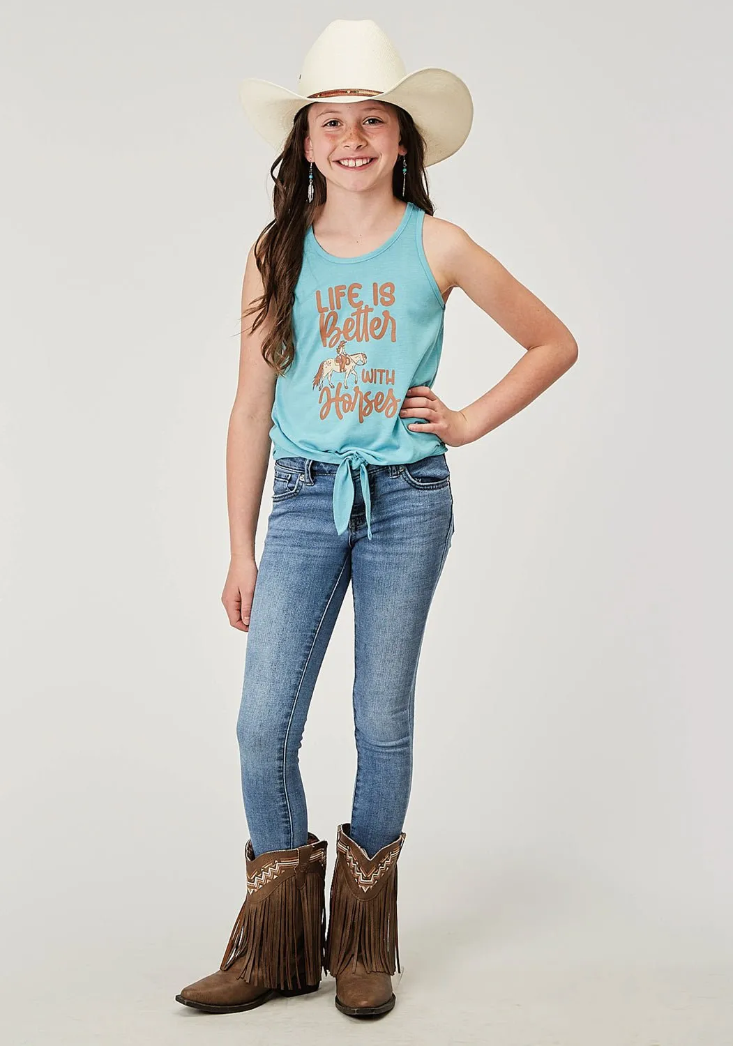 Roper Kids Girls Life is Better Blue Poly/Cotton S/L Tank Top