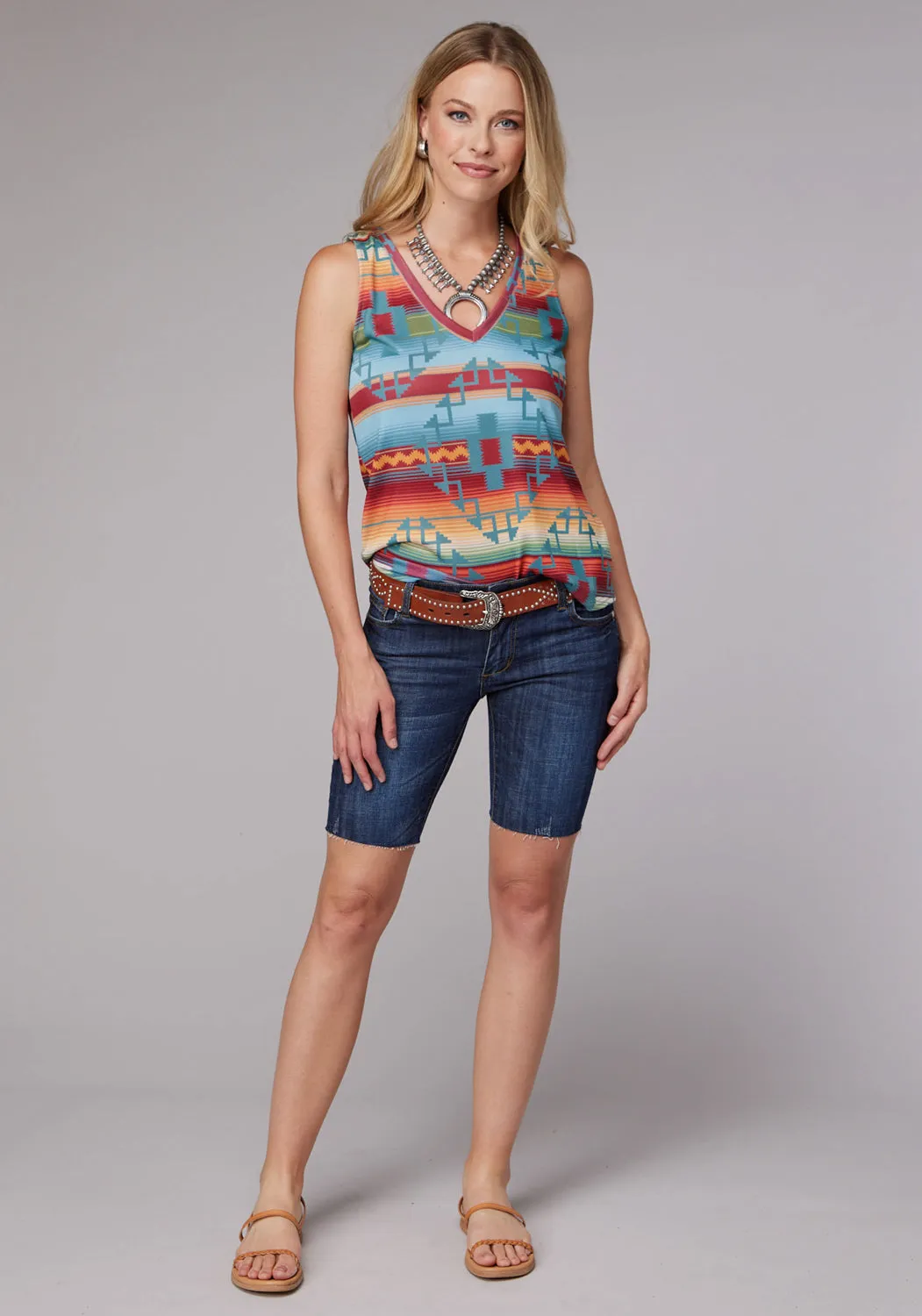 Roper Womens 2079 V-Neck Southwest Multi-Color Poly/Spandex S/L Tank Top