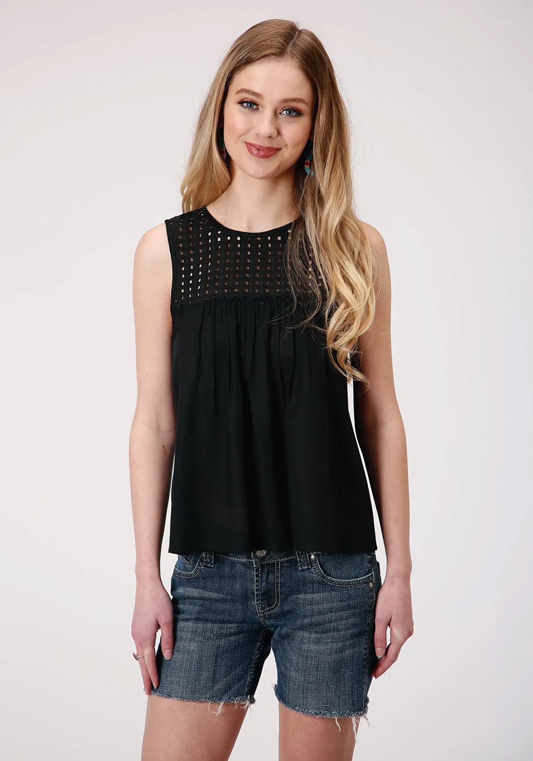 Roper Womens Black Rayon/Nylon Eyelet Bodice S/L Tank Top