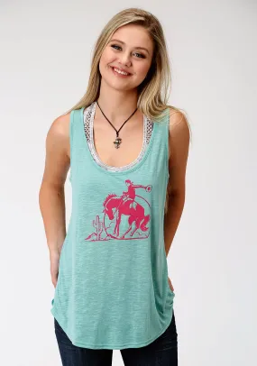 Roper Womens Green Poly/Rayon Pink Bronco Tank Top