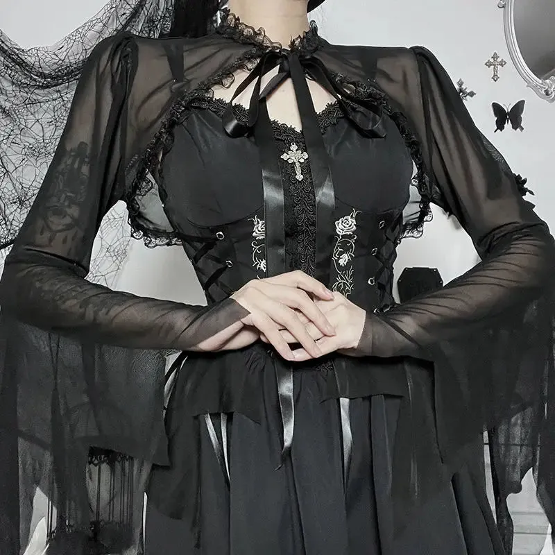 Round Neck Serrated Edge Thin Lace Gothic Lolita Pleated Edge Cardigan