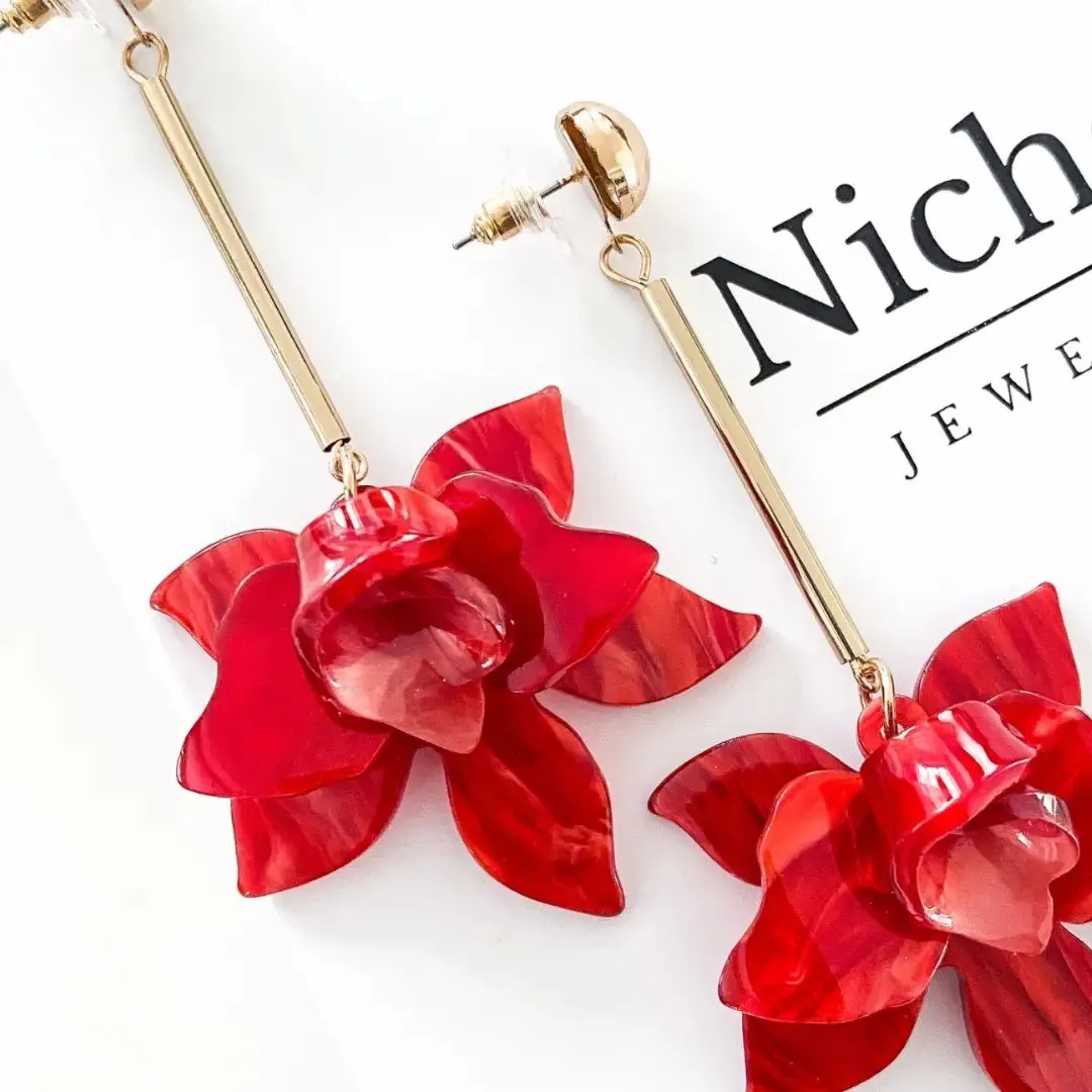 Ruby Red Flower Drop Earrings