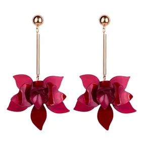 Ruby Red Flower Drop Earrings