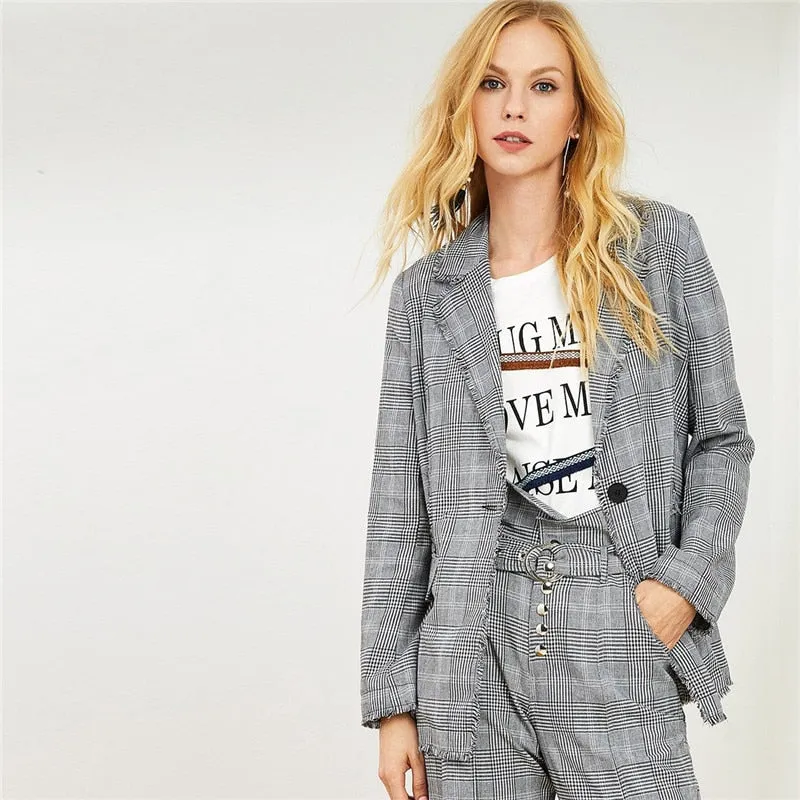 SHEIN Plaid Frayed Edge Houndstooth Tweed Long Blazer With Straight Leg Pants Office Lady Two Piece Set 2018 Autumn Women Set