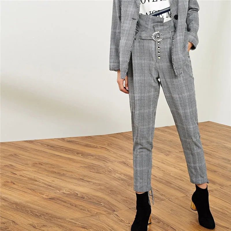 SHEIN Plaid Frayed Edge Houndstooth Tweed Long Blazer With Straight Leg Pants Office Lady Two Piece Set 2018 Autumn Women Set