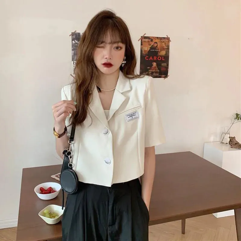 Short Sleeve Blazer Jacket Ladies Summer 2024 New Thin Notched Collar Suit Coat Women Casual Wild Black White Short Outwear Tops