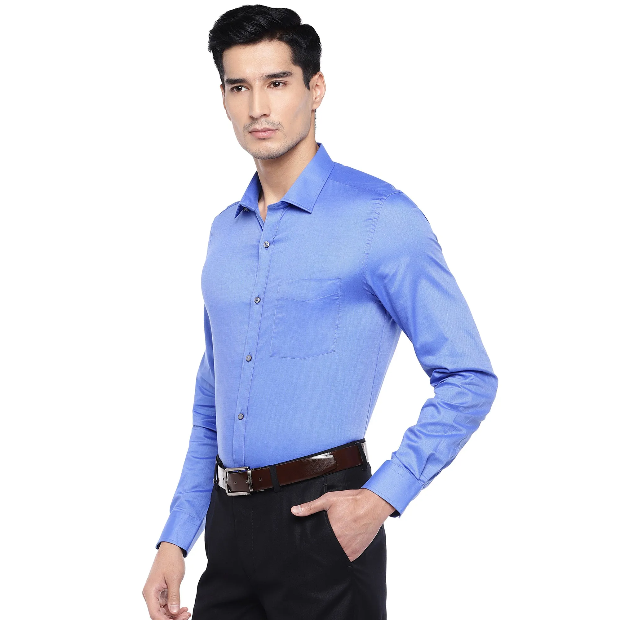 Sky Blue Cotton Solid Slim Fit Shirts