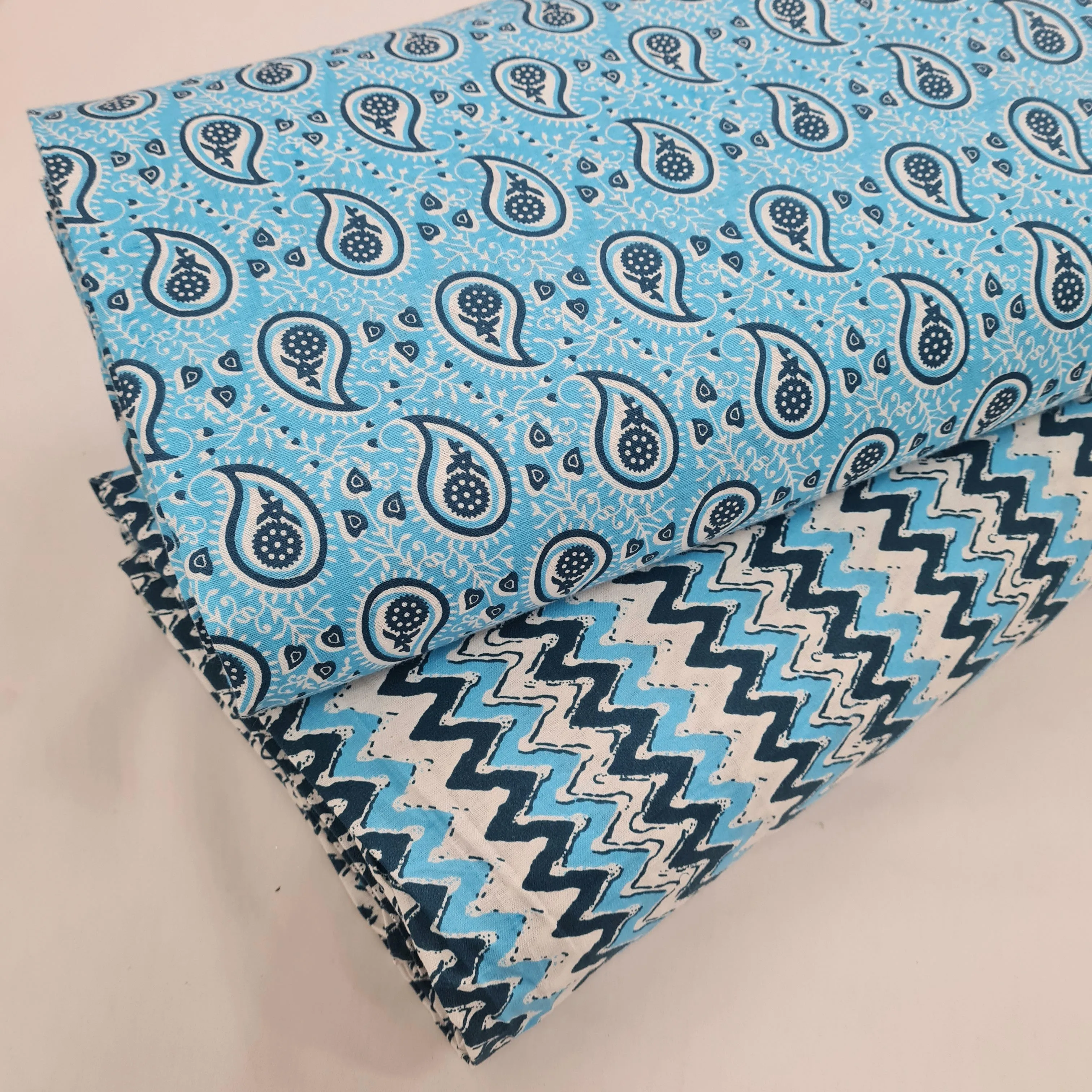 Sky Blue Paisley & White With Blue Chevron Print Poplin