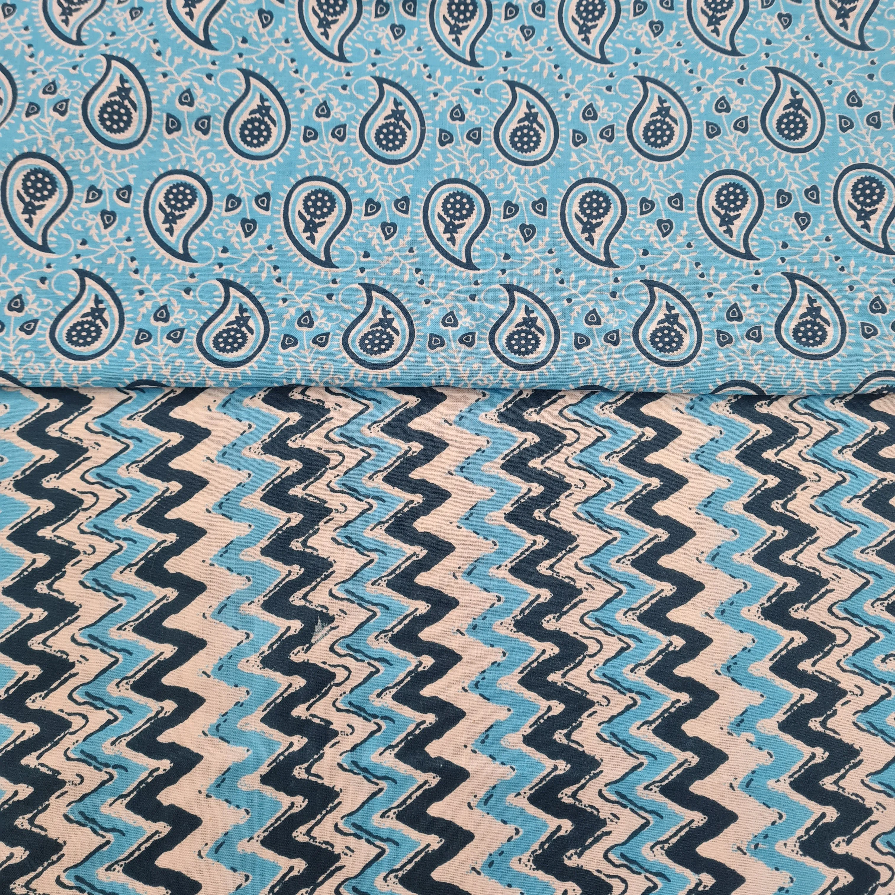 Sky Blue Paisley & White With Blue Chevron Print Poplin