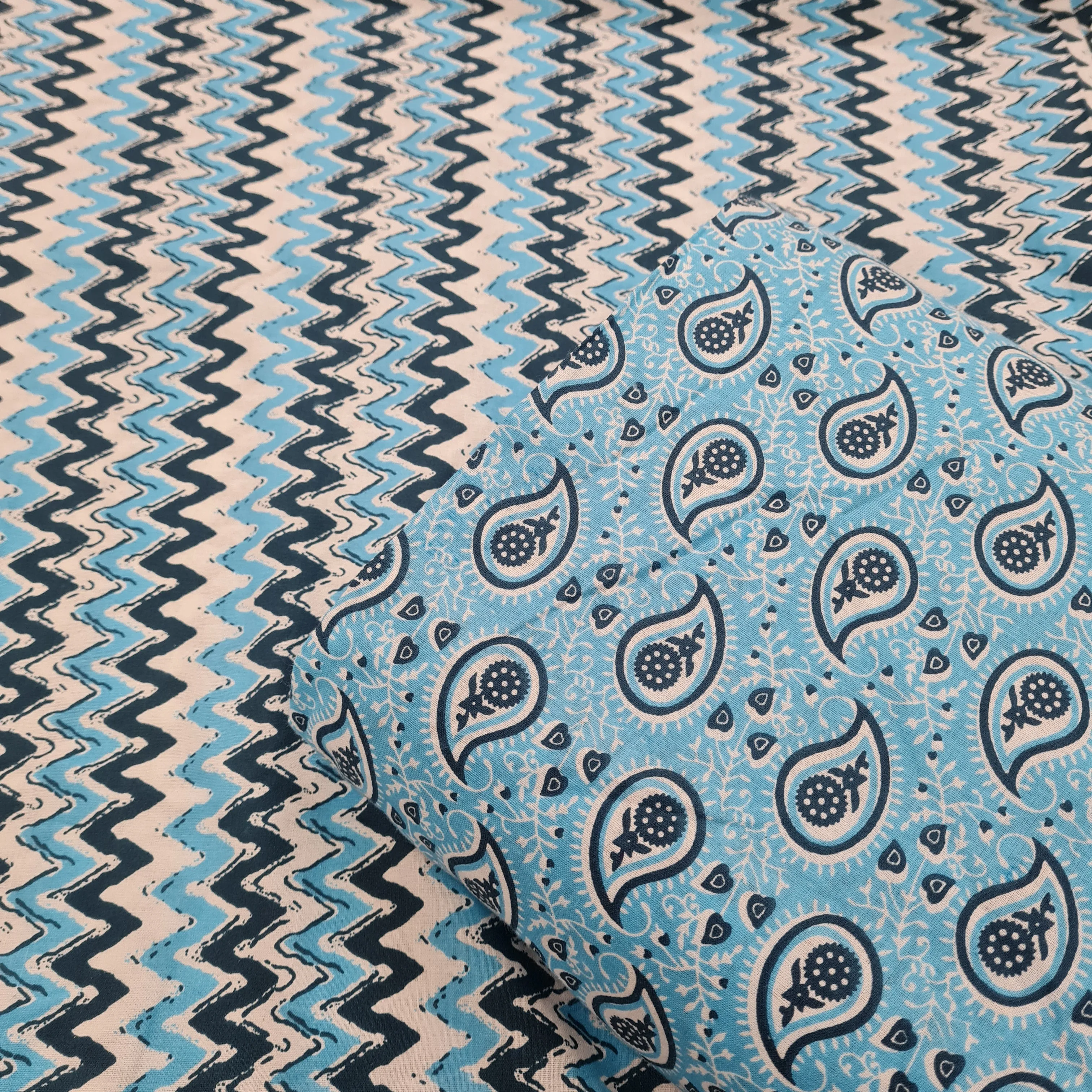 Sky Blue Paisley & White With Blue Chevron Print Poplin