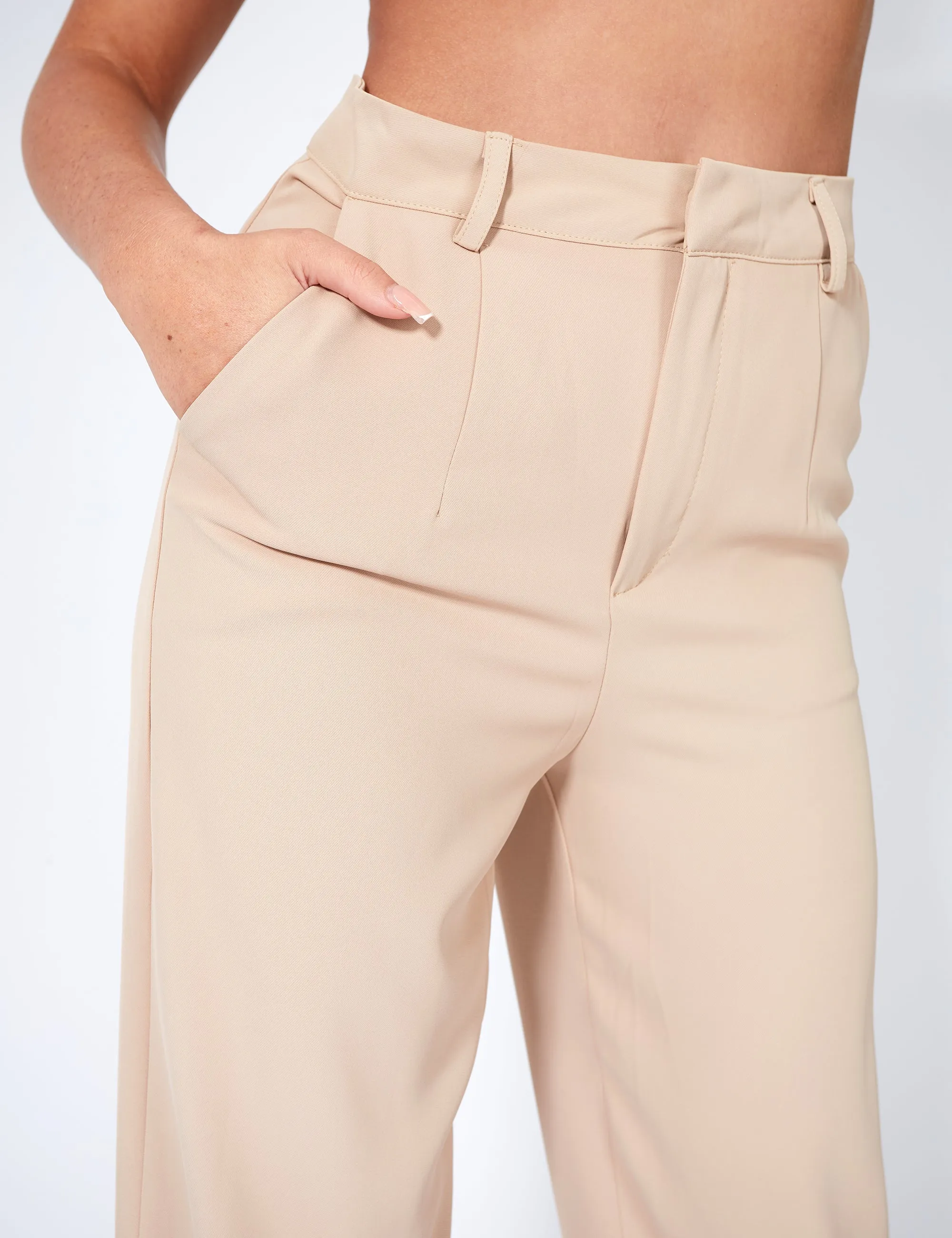 Split Detail High Waisted Dad Trouser Sand