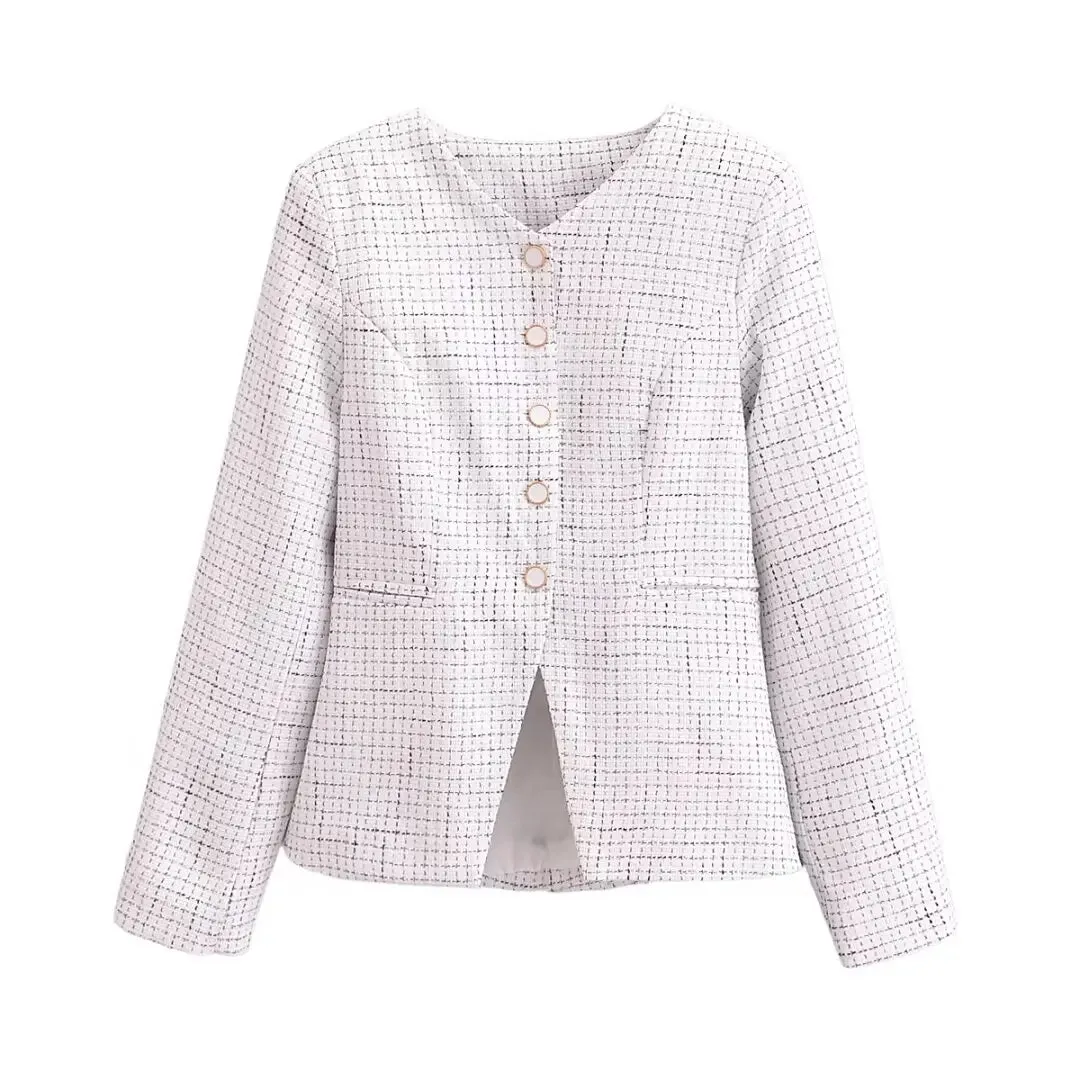 Spring V Collar White Plaid Woven Tweed Retro Slim Waist Single-Breasted Button Slit Blazer