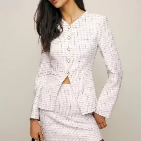 Spring V Collar White Plaid Woven Tweed Retro Slim Waist Single-Breasted Button Slit Blazer