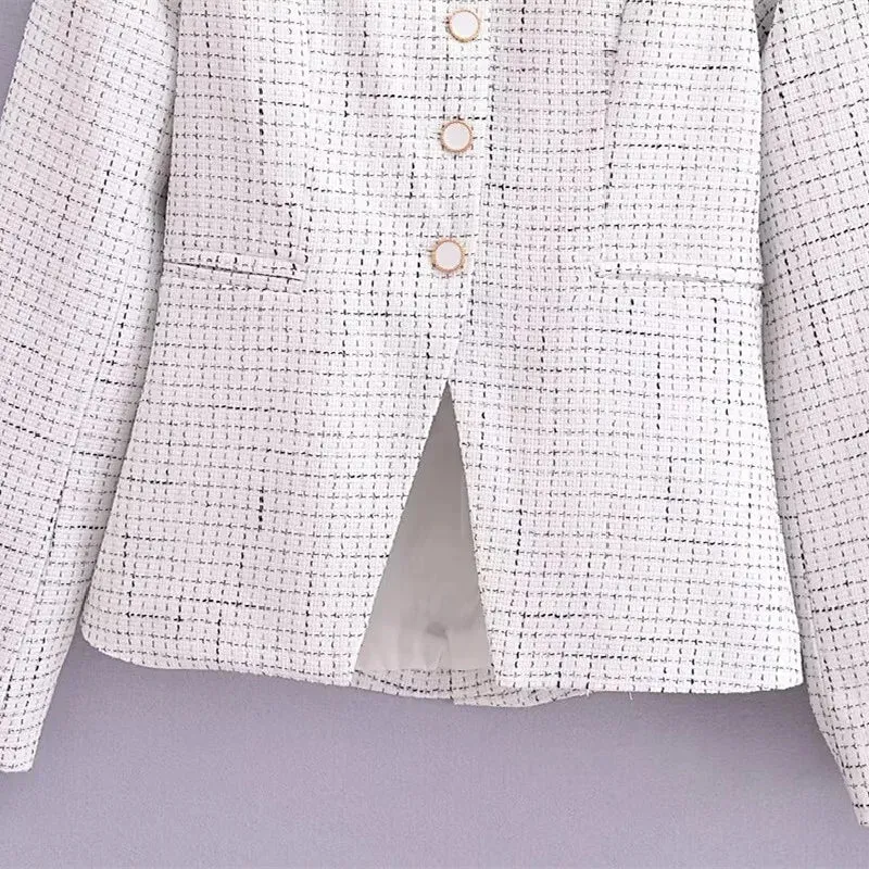 Spring V Collar White Plaid Woven Tweed Retro Slim Waist Single-Breasted Button Slit Blazer