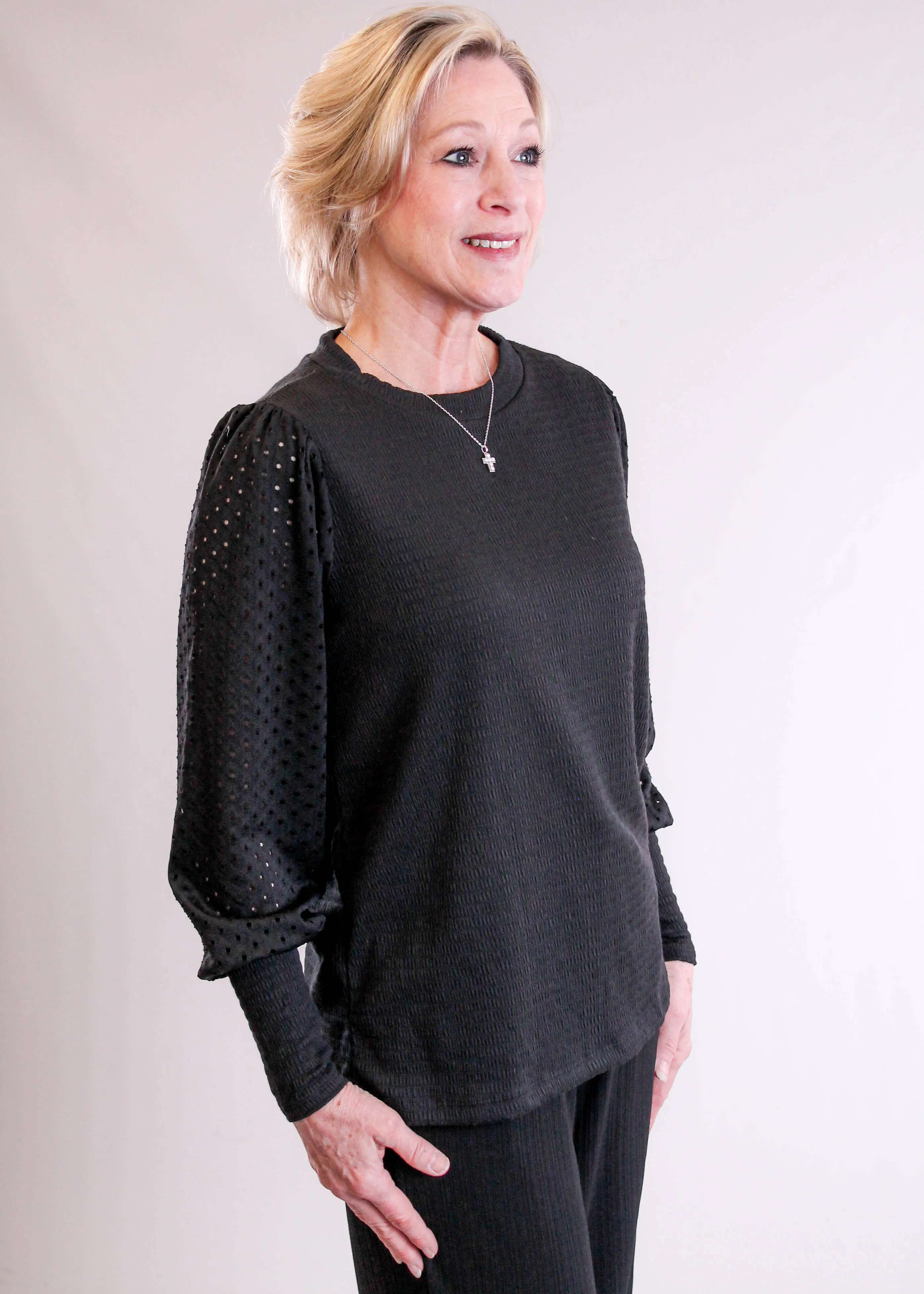 Staccato Crew Neck Top with Eyelet Sleeves