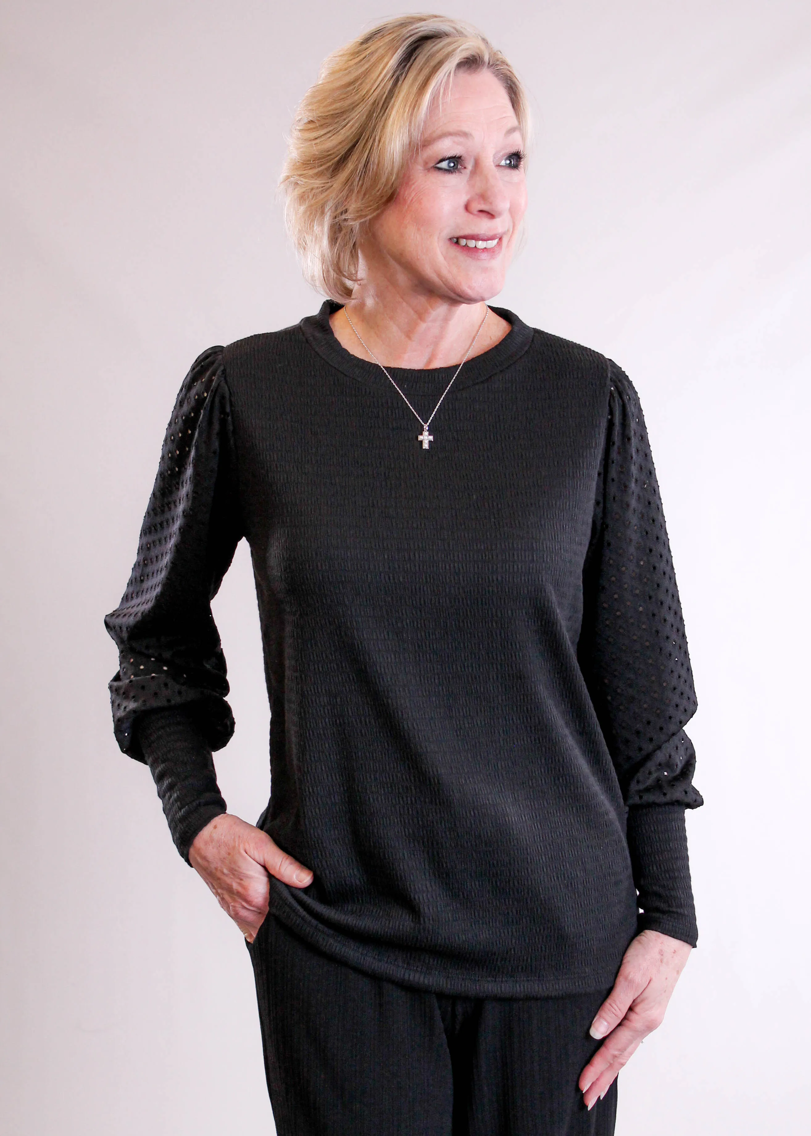 Staccato Crew Neck Top with Eyelet Sleeves