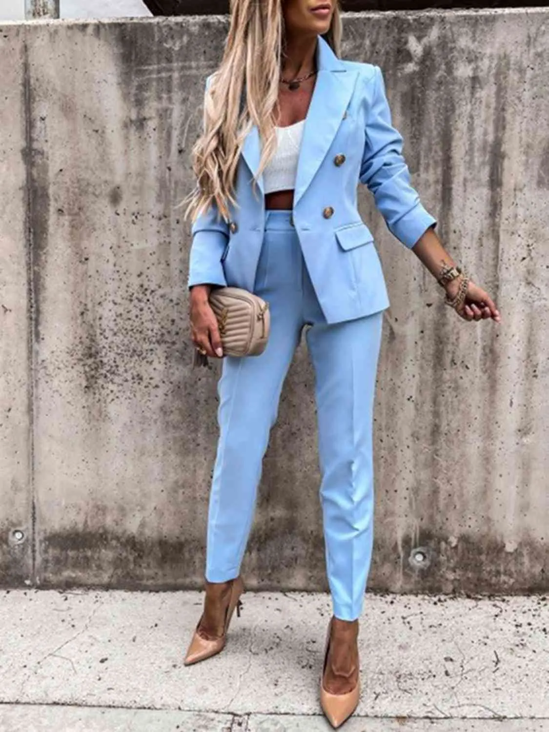 Standing On Business Lapel Collar Long Sleeve Blazer and Pants Set