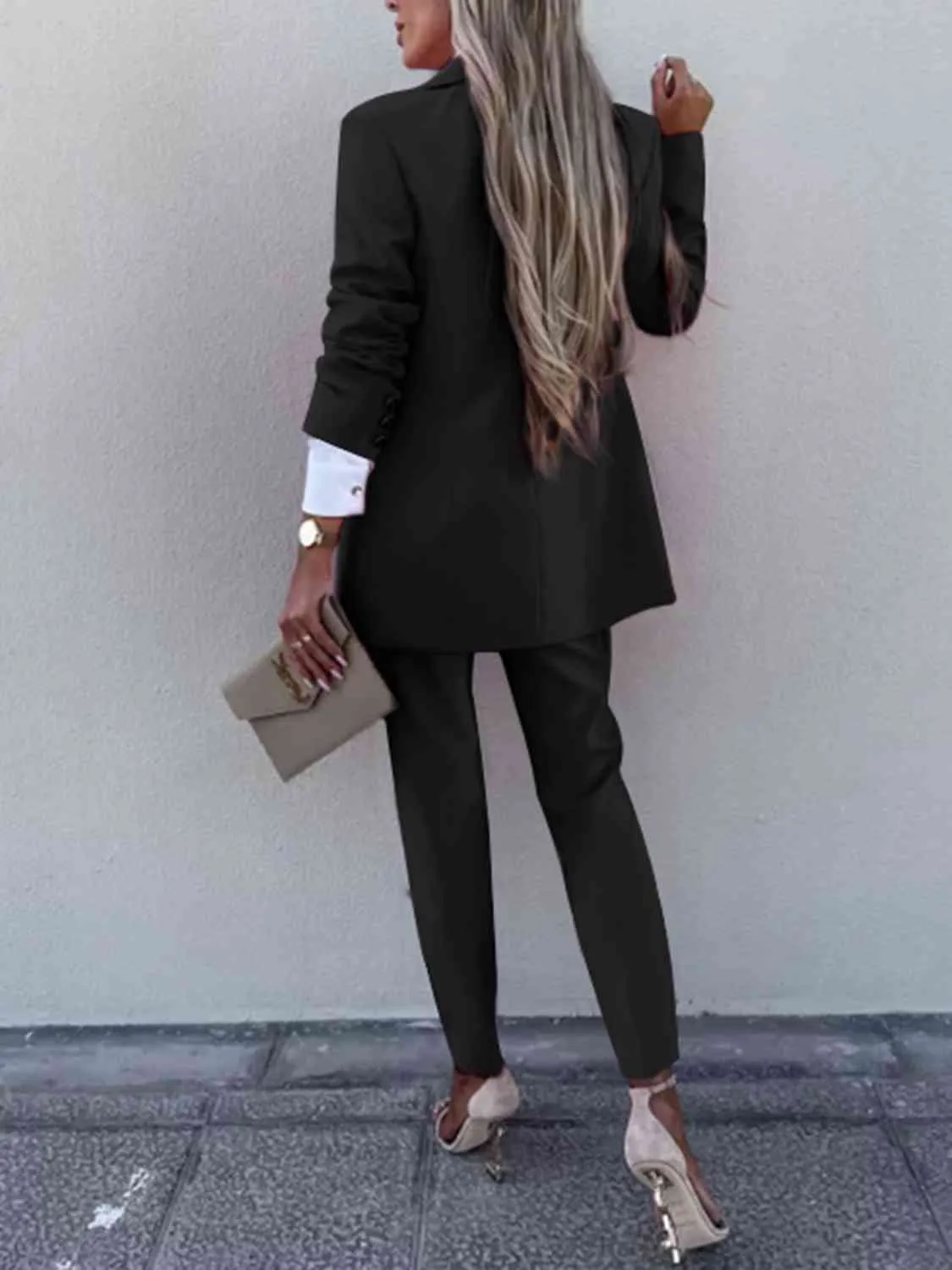 Standing On Business Lapel Collar Long Sleeve Blazer and Pants Set