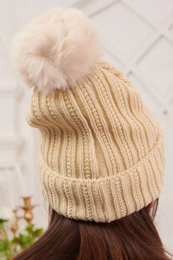 Stripe Pattern Pom Pom Knit Beanie Hat