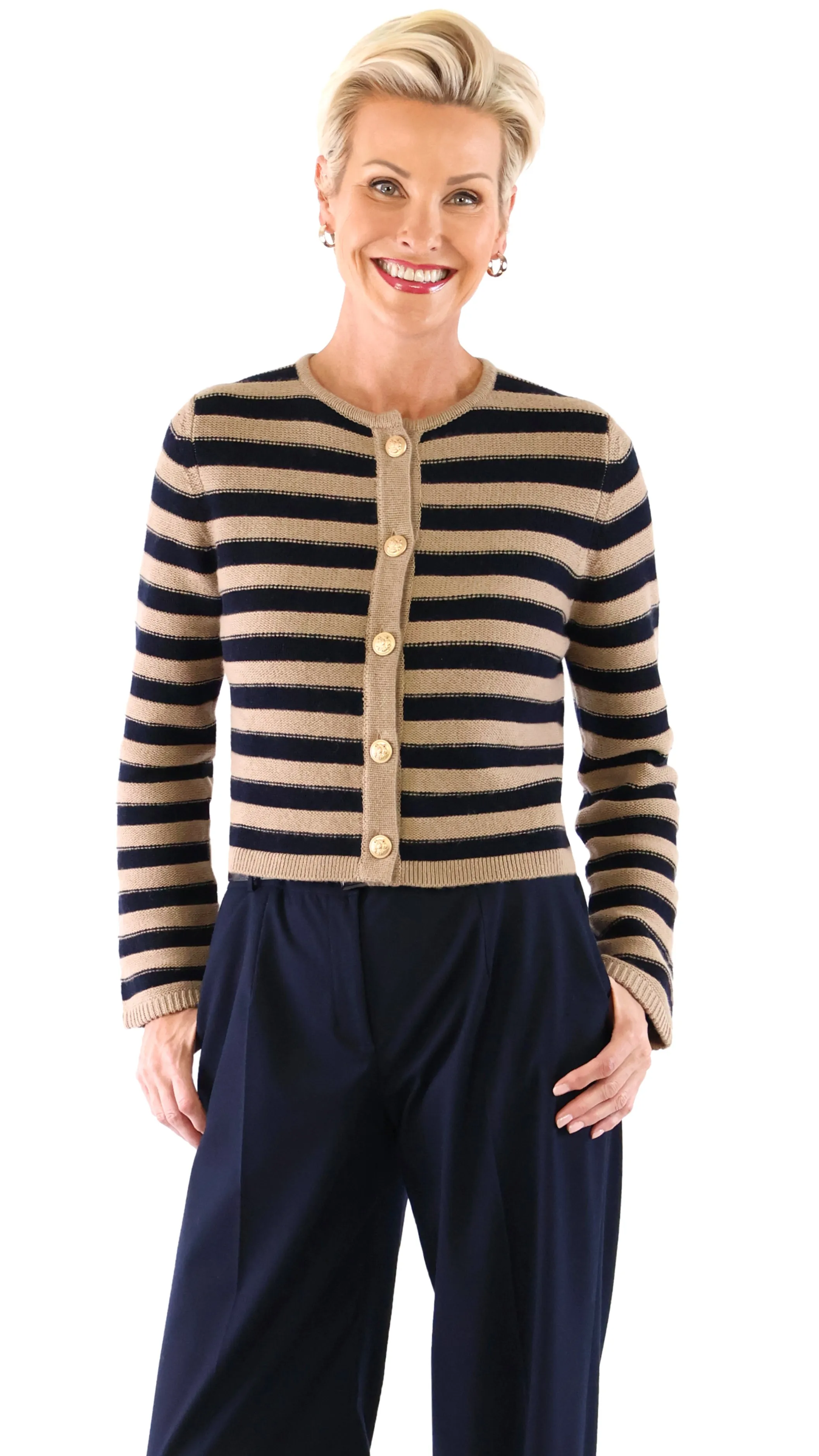 Striped Button Front Cardigan - Sandstone / Deep Night