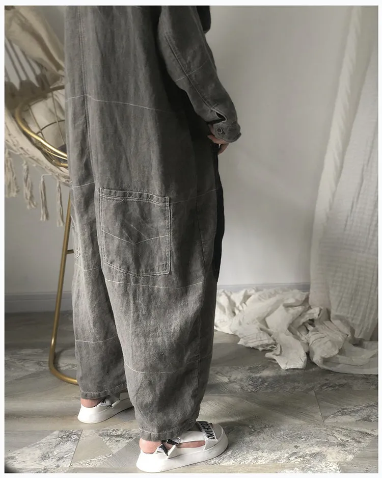 Summer Autumn Women Jumpsuits Casual Overall Linen Pants with Pockets PZ97267