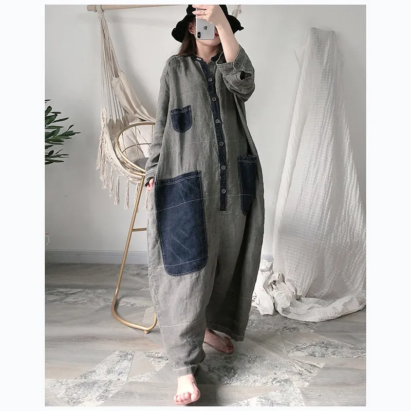 Summer Autumn Women Jumpsuits Casual Overall Linen Pants with Pockets PZ97267