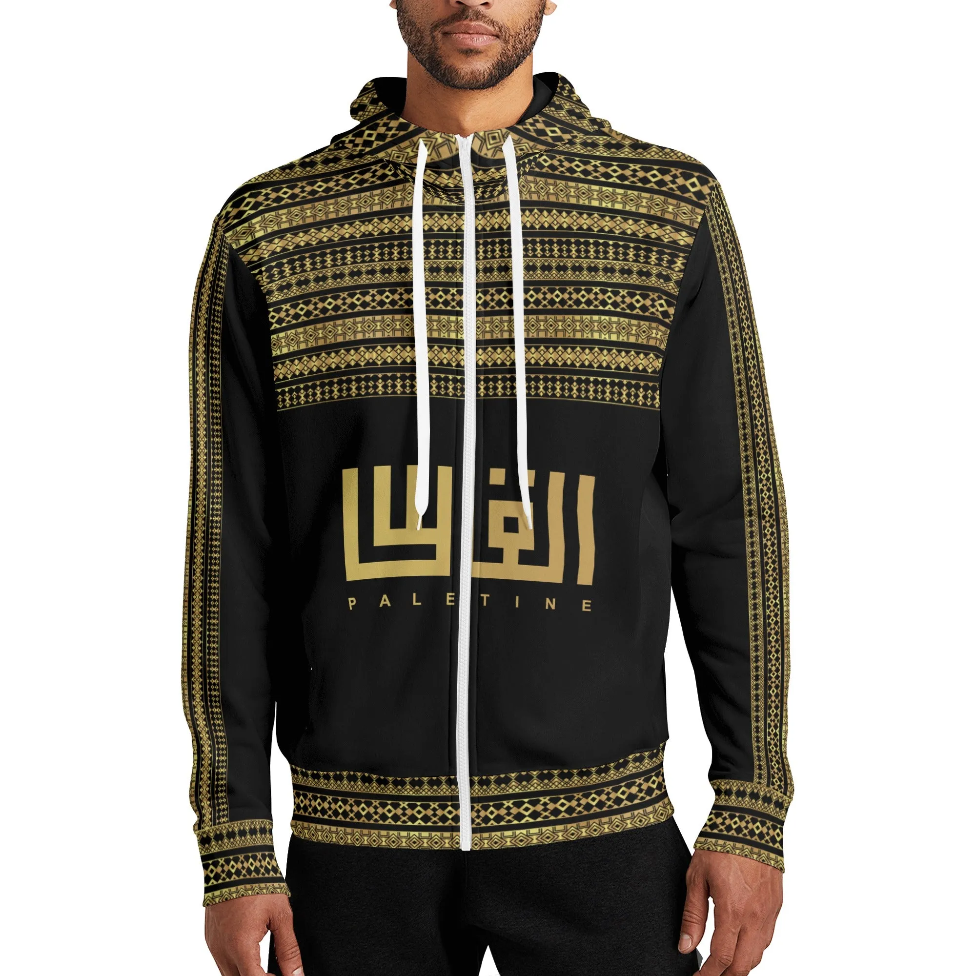 Unisex Palestine Decoration Full Zip Hoodie -  Black