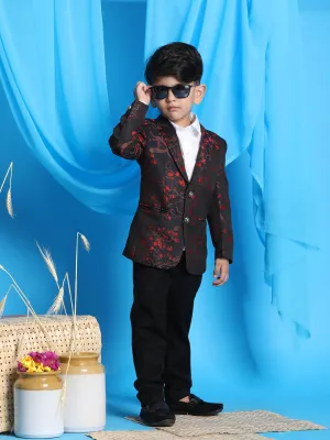 VASTRAMAY Boy's Black And Red Woven Design Blazer