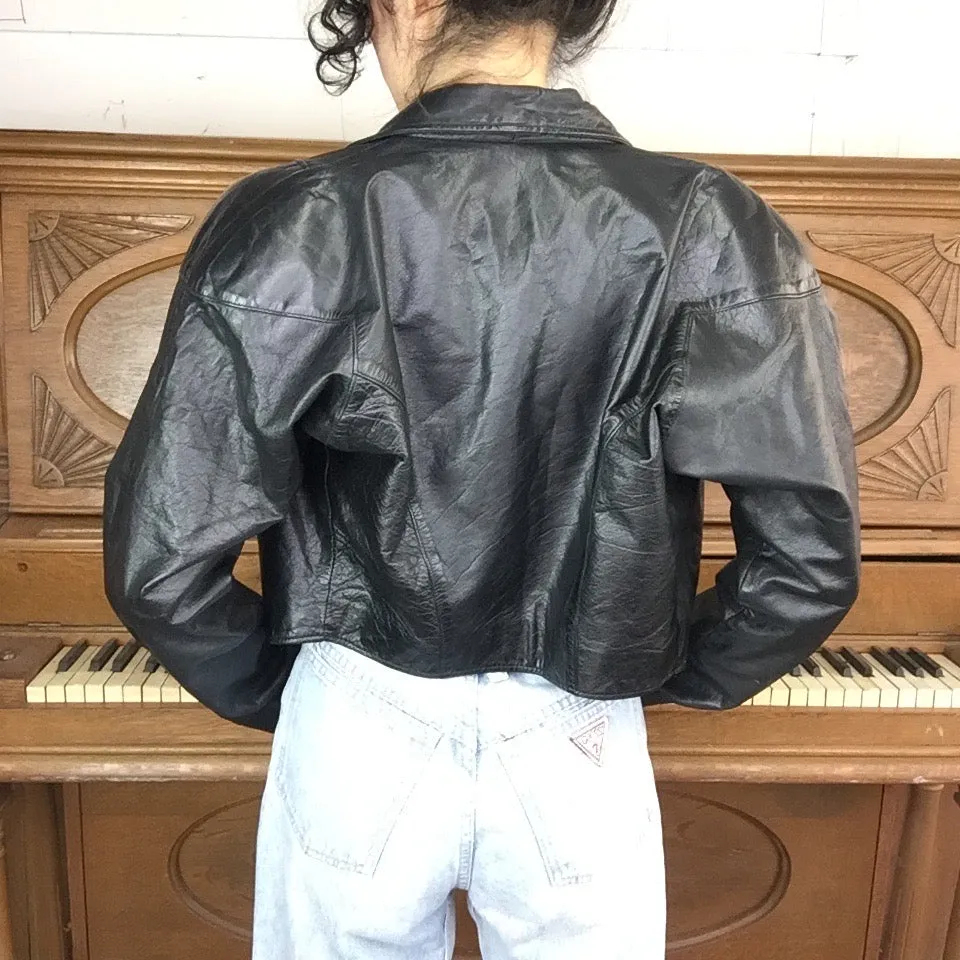 Vintage 80s | Black Cropped Dolman Sleeve Zip Up Leather Moto Jacket | Size L