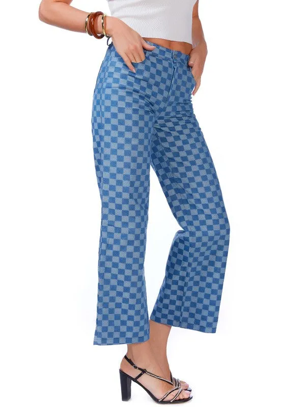 Watercolor Checks Patterned Denim Pants