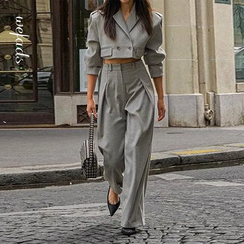 Wefads Women Two Piece Set Fashion Casual Solid Long Sleeve Lapel V Neck Short Blazer Top Loose Pants Sets High Streetwear