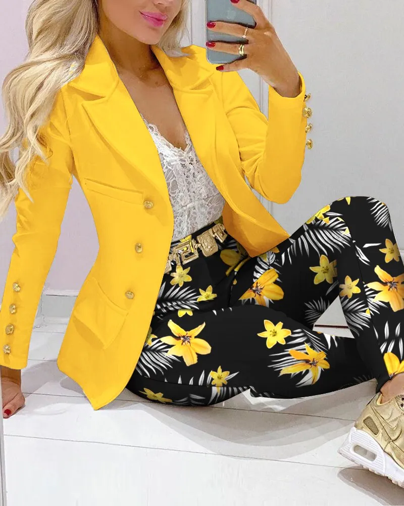 Wenkouban  Office Ladies Lapel Collar Double Pants Set Lapel Collar Double Breasted Pocket Blazer & Floral Print Tailored Pants Set