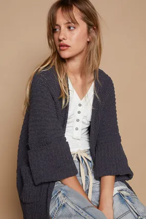 Wide Cuff Sleeve Chunky Knit Cardigan by POL - Ink Charcoal