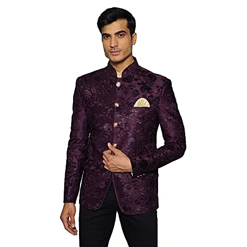 WINTAGE Men's Embroidered Velvet Party/Festive Indian Jodhpuri Grandad Bandhgala Blazer : Purple,Small