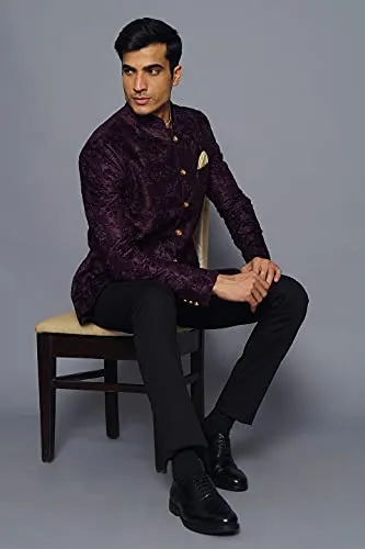 WINTAGE Men's Embroidered Velvet Party/Festive Indian Jodhpuri Grandad Bandhgala Blazer : Purple,Small