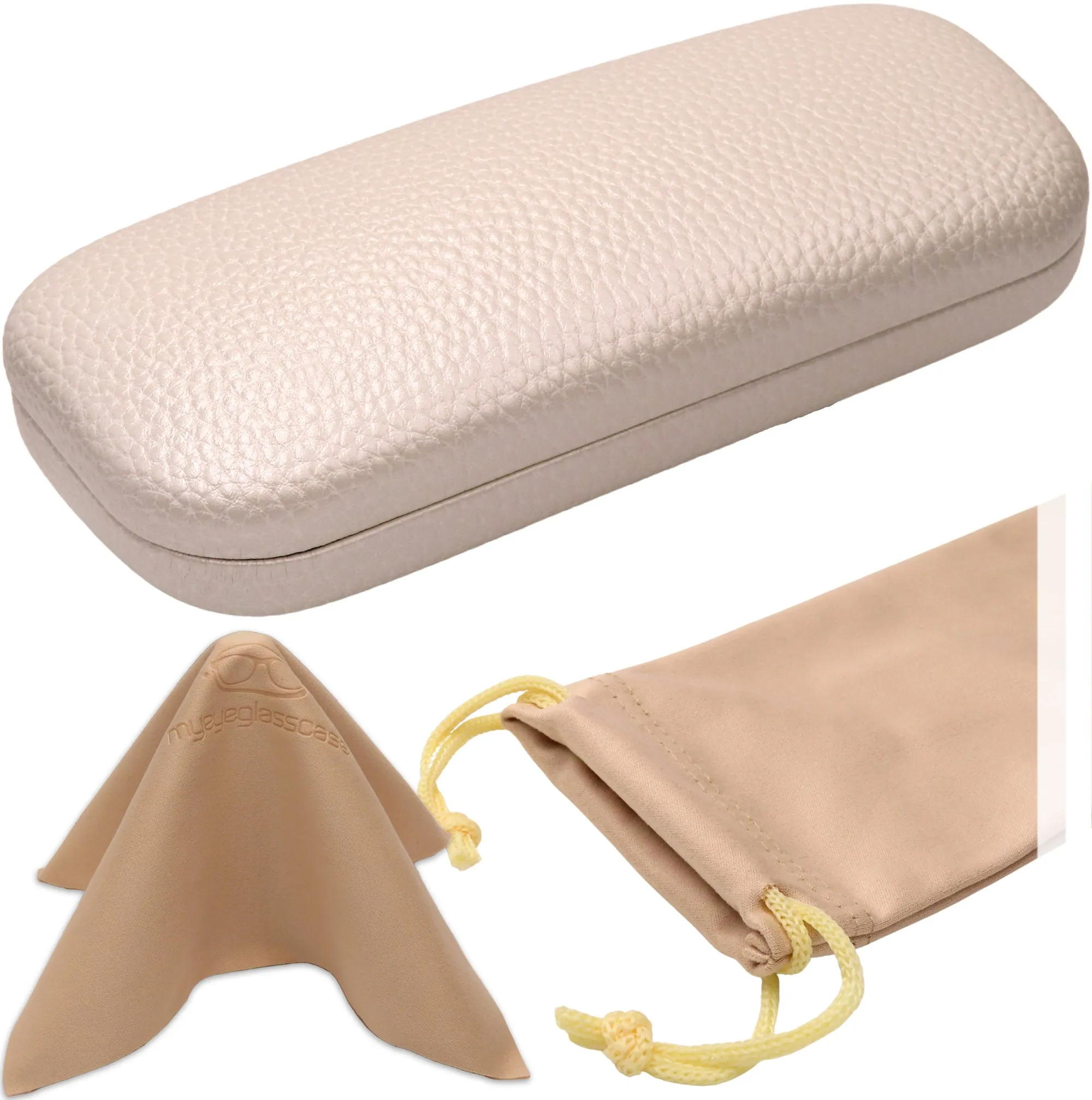 Women glasses case - Hard Eyeglasses Case with Pouch & Cloth - Medium Frames (AS126 Pearl)