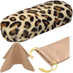 Women Hard glasses case - Animal print leopard - medium eyeglass case pouch & cloth (AS166L Leopard)