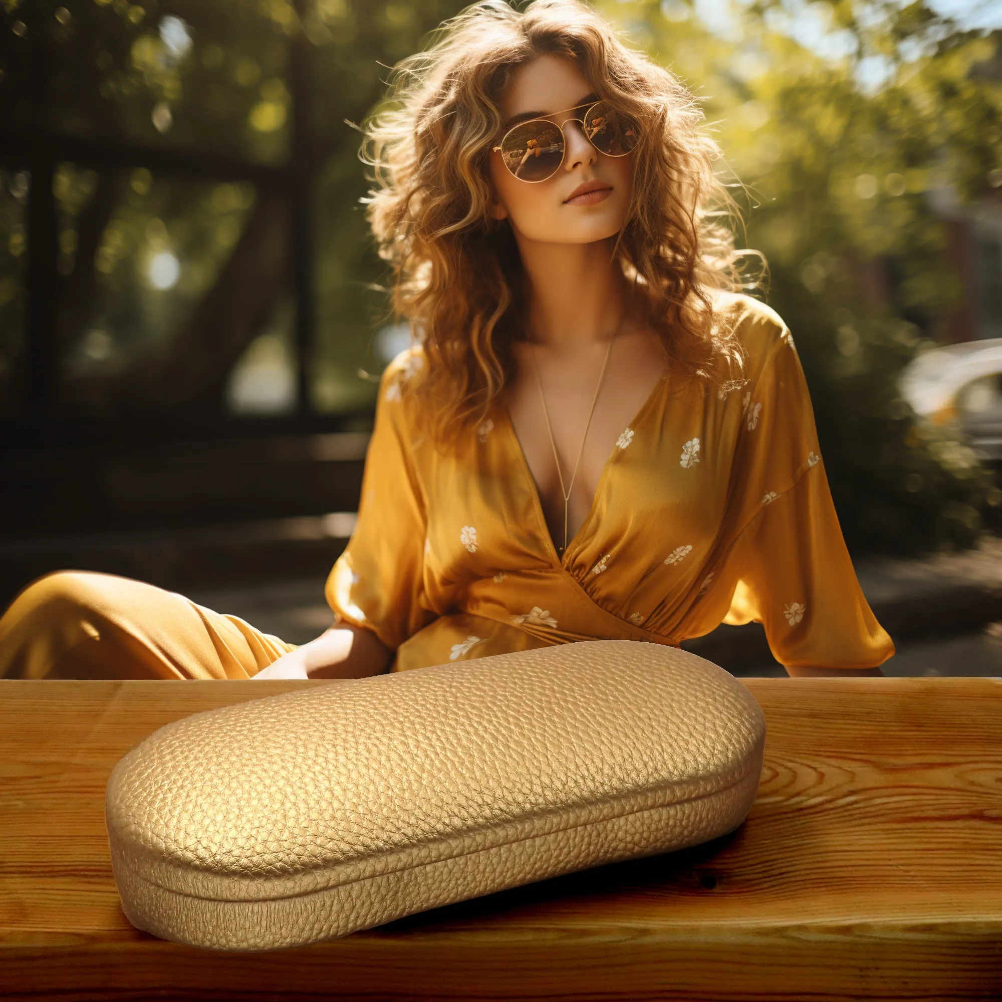 Women hard glasses Case - Eyeglass Case medium size with Pouch & Cloth  (AS166L Gold)