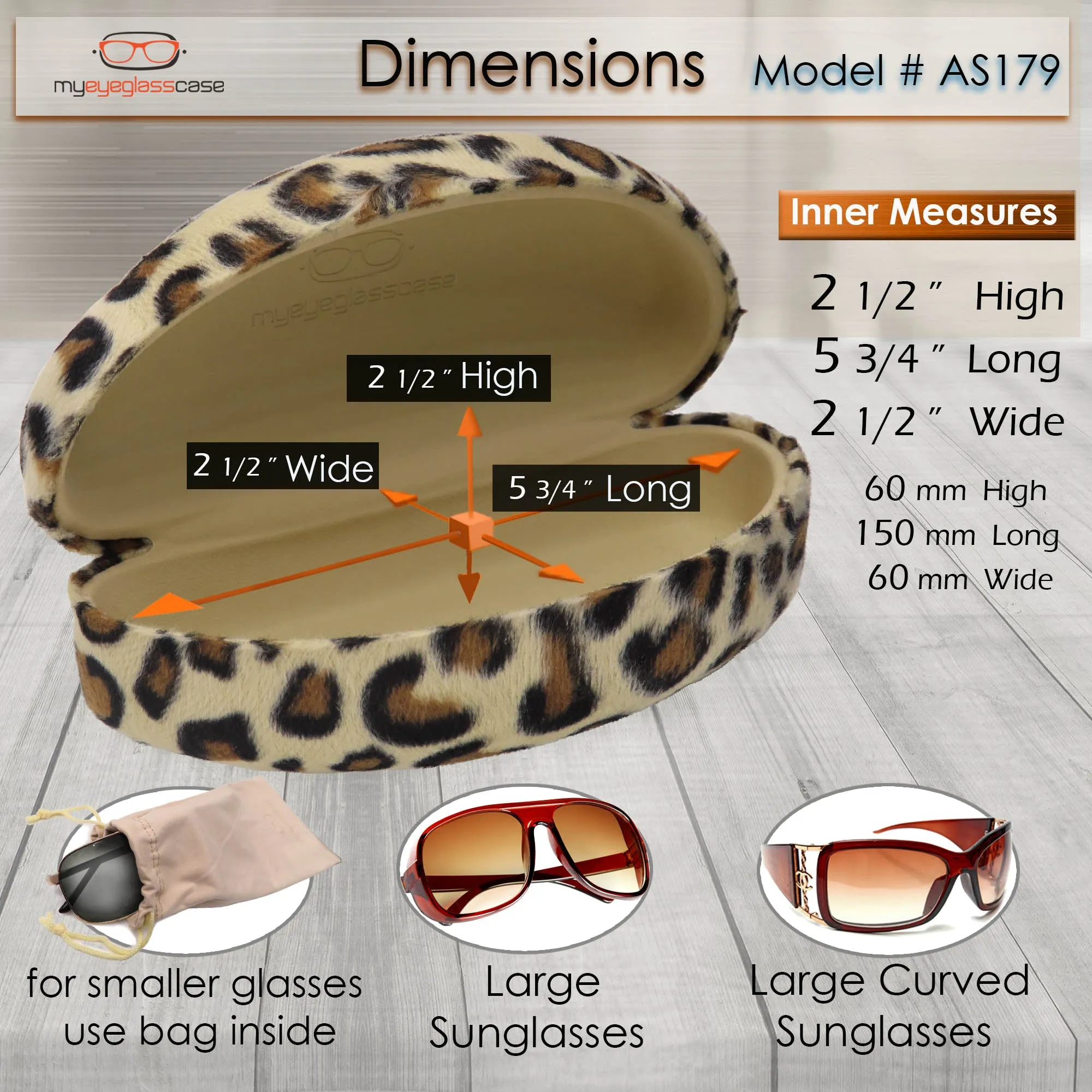 Women large sunglasses case - XL hard glasses holder in animal print w/ Pouch & Cloth (AS179 Leopard)