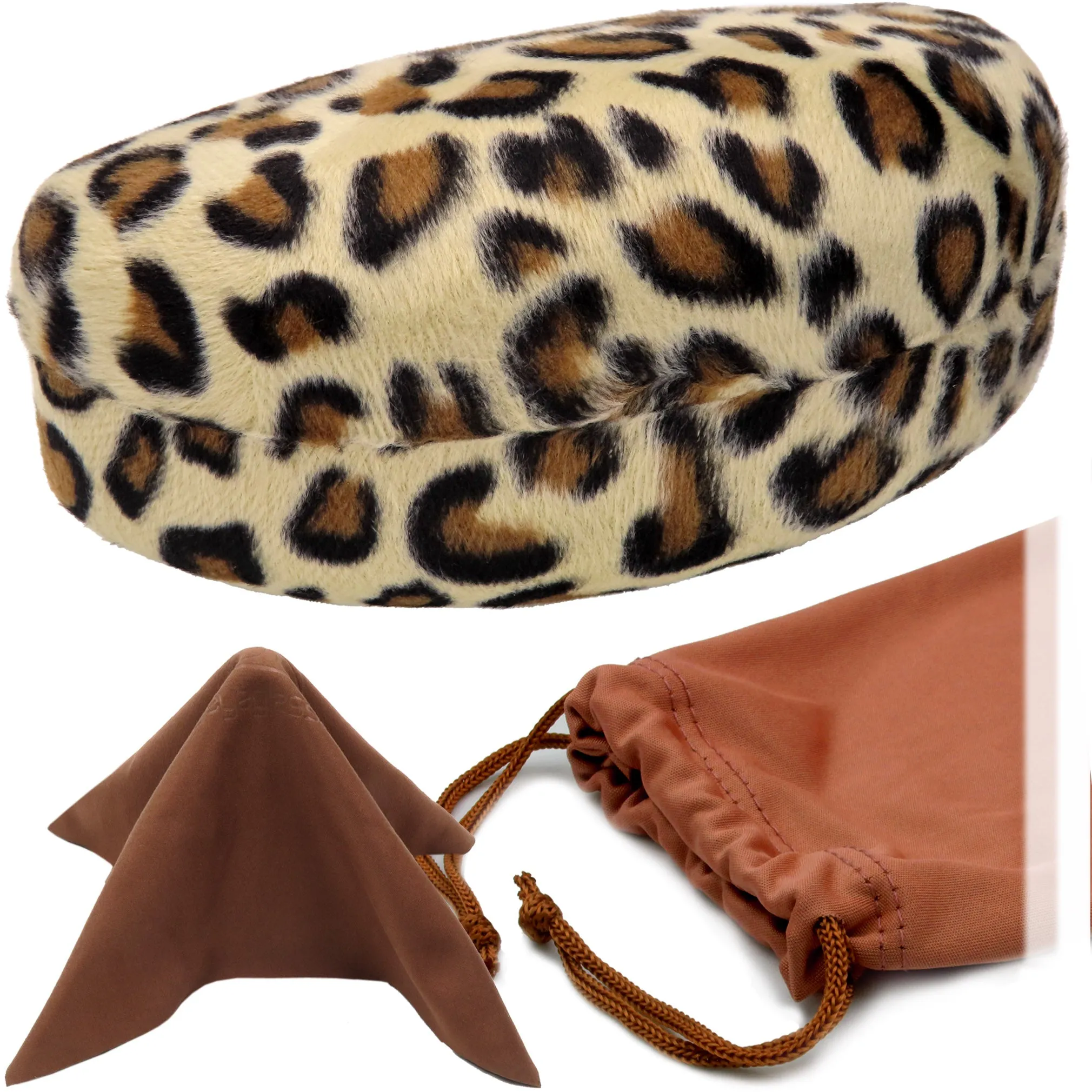 Women large sunglasses case - XL hard glasses holder in animal print w/ Pouch & Cloth (AS179 Leopard)