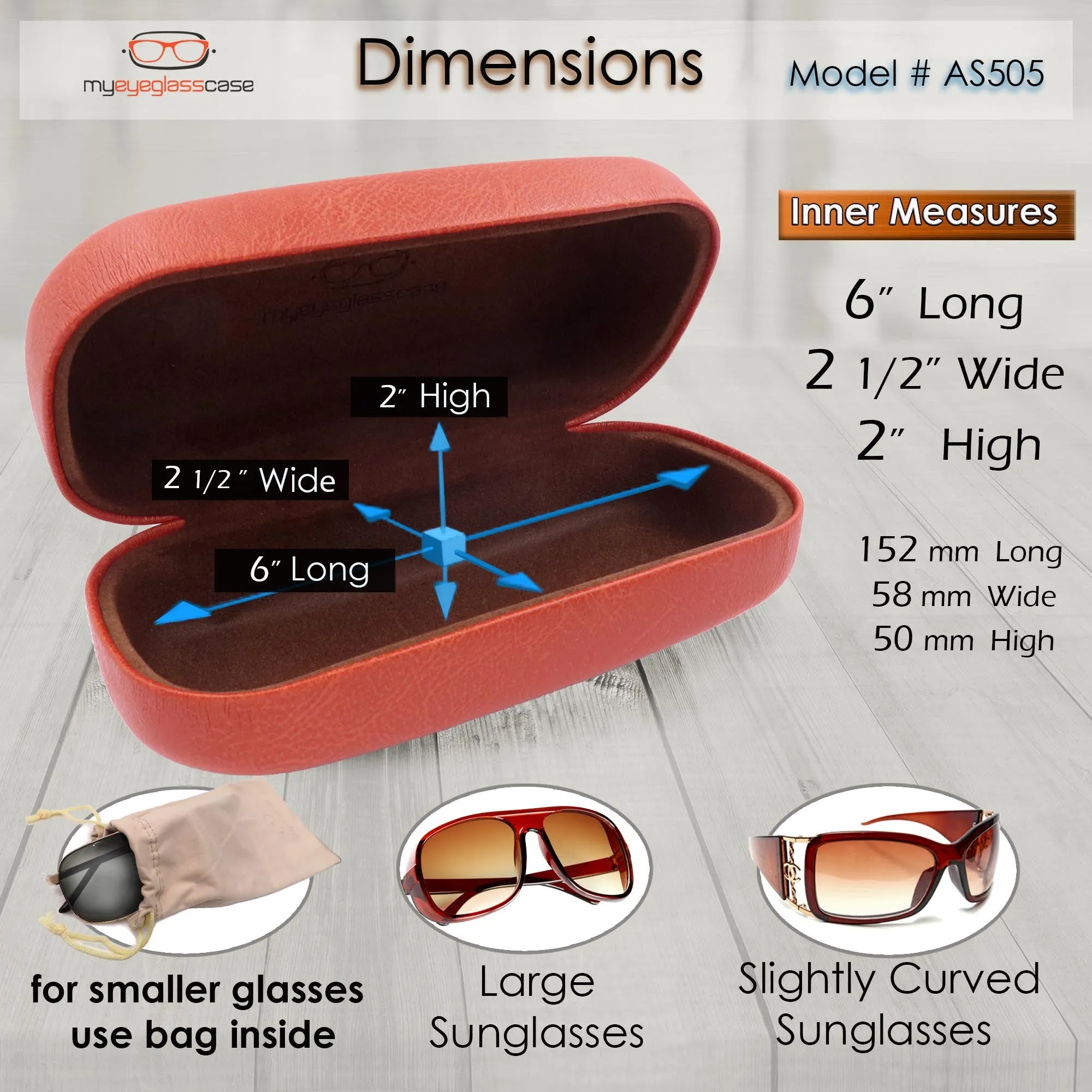 Women XL Large straight sunglasses Case - Men hard eyeglass case w/ Cloth pouch (AS505 Brown)