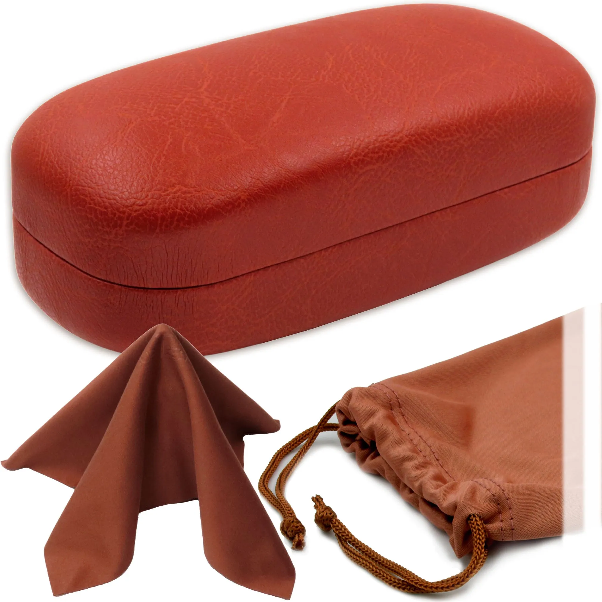 Women XL Large straight sunglasses Case - Men hard eyeglass case w/ Cloth pouch (AS505 Brown)