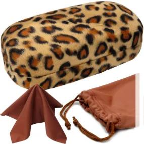 Women XL Sunglass Case - Hard Eyeglass Case w/ Pouch & Cloth - clam shell eyeglass case (AS505 Leopard)