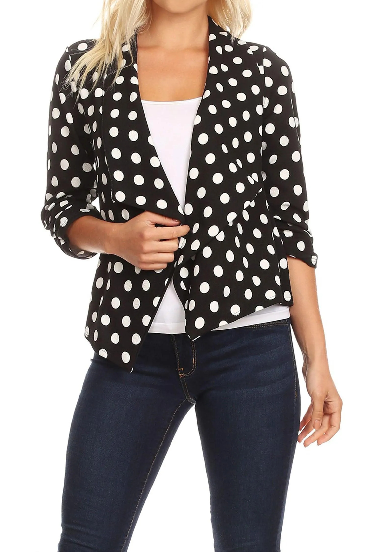 Women's Casual Open Front Polka Dot Roll Up Sleeve Blazer