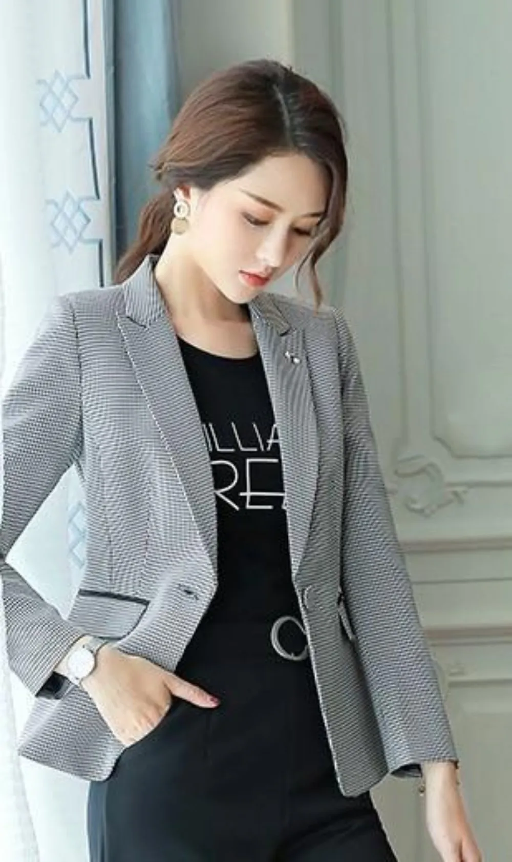 Womens Slim Fit Houndstooth Blazer