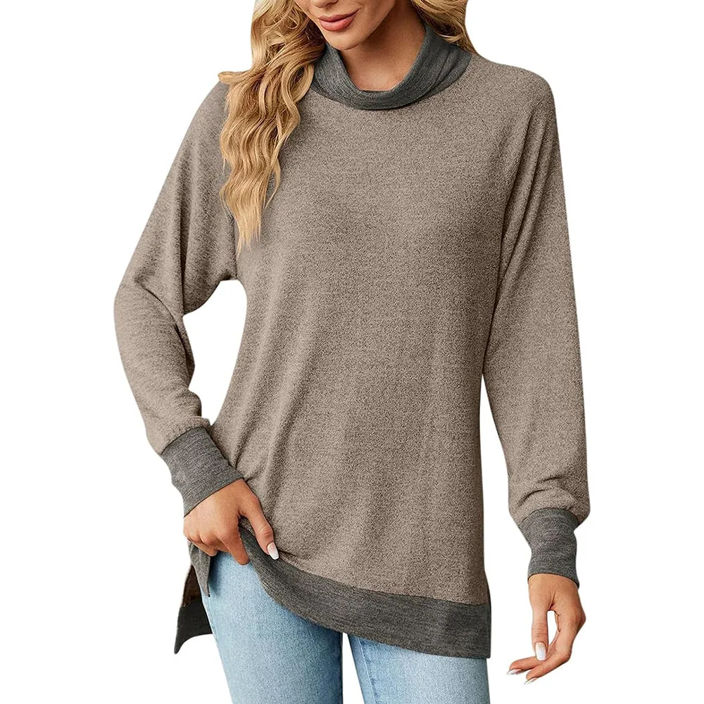 Womens Turtleneck Long Sleeve Slit T Shirt High Collar Loose Top