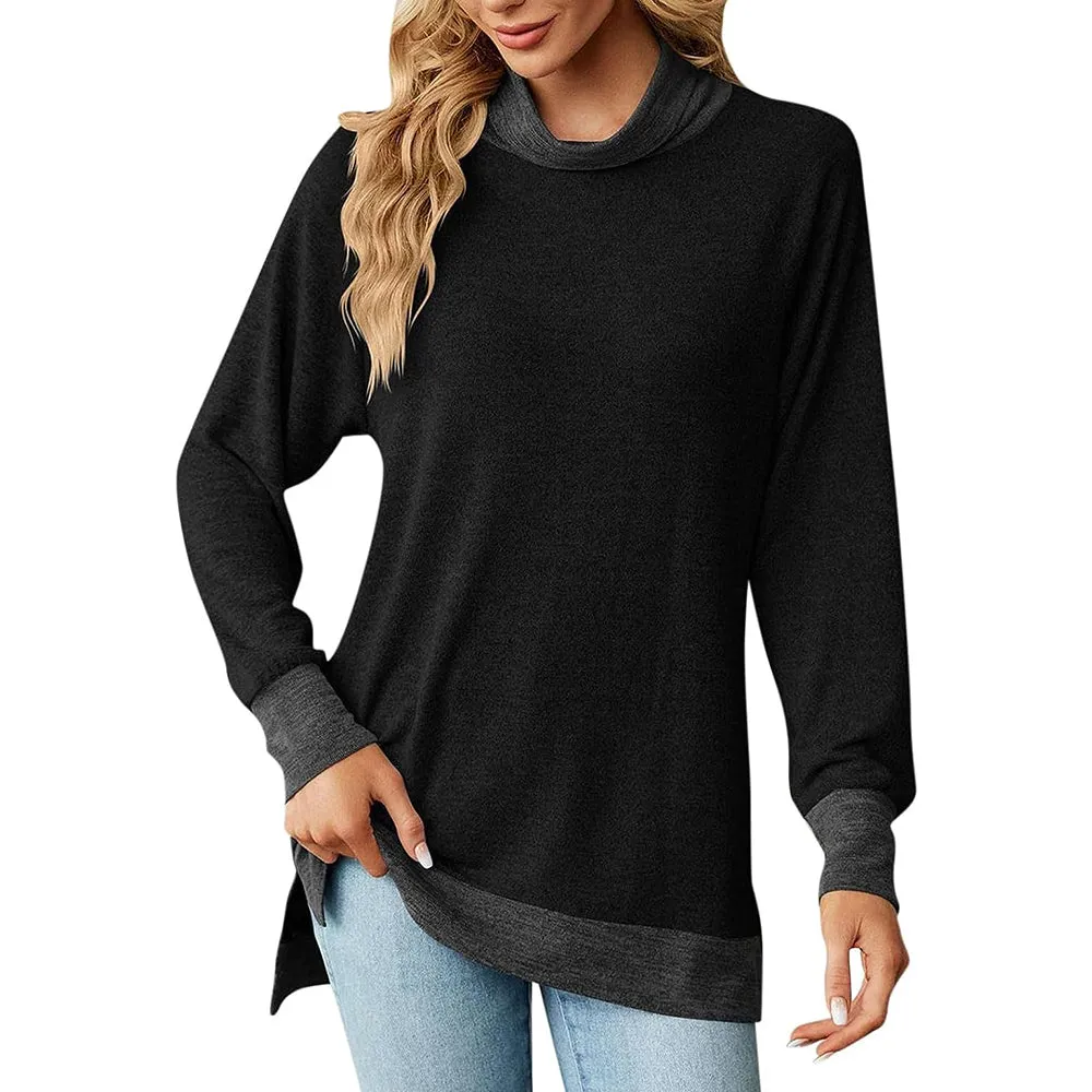 Womens Turtleneck Long Sleeve Slit T Shirt High Collar Loose Top