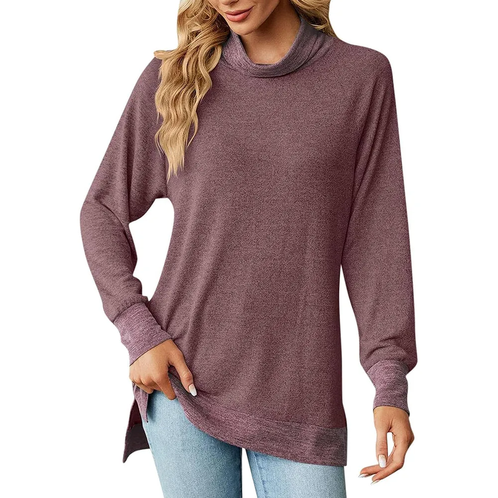 Womens Turtleneck Long Sleeve Slit T Shirt High Collar Loose Top